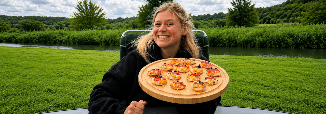 Junge, lächelnde Frau zeigt die Mini-Pizzen auf einem runden Serviertablett 
